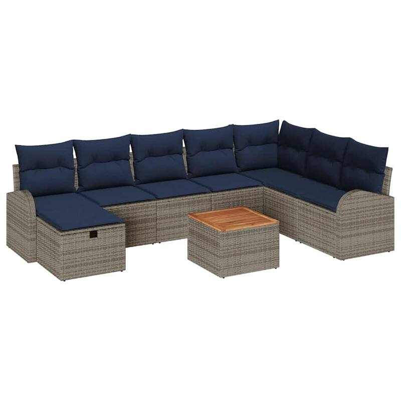 vidaXL 9 Garden Sofa Set with Cushions Black/Grey Poly Rattan - 113.8 x 70.5 x 27.2