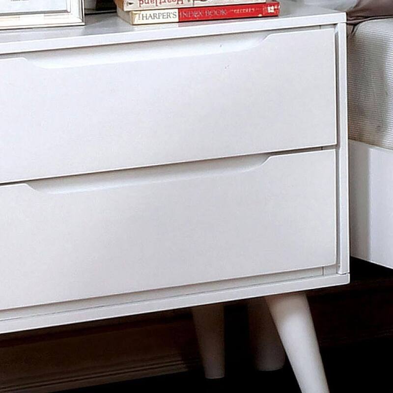 Mid-Century Modern White Nightstand with Round Tapered Legs and 2 Drawers