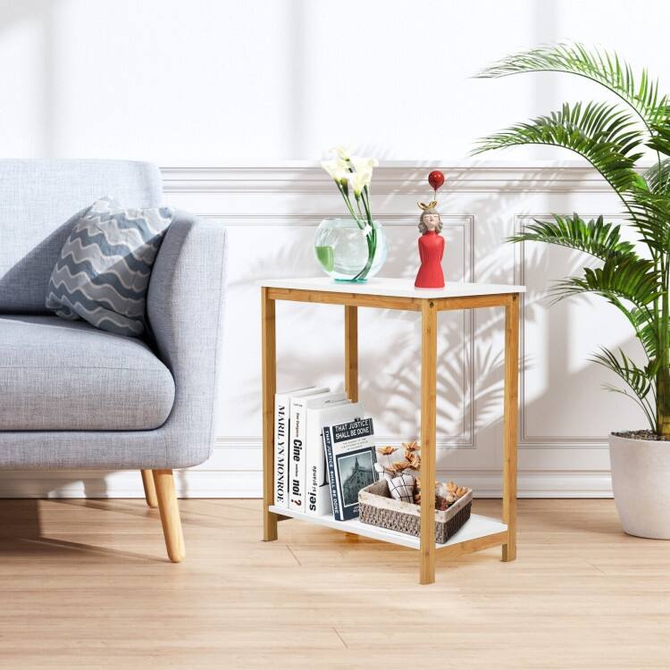 23 Inch Height 2-tier End Table with Bamboo Frame and Bottom Shelf-White - 21" x 12" x 23" (L x W x H)