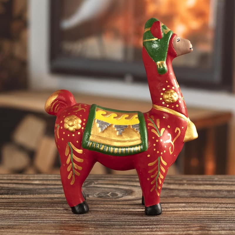 Novica Handmade Holiday Llama In Red Ceramic Statuette