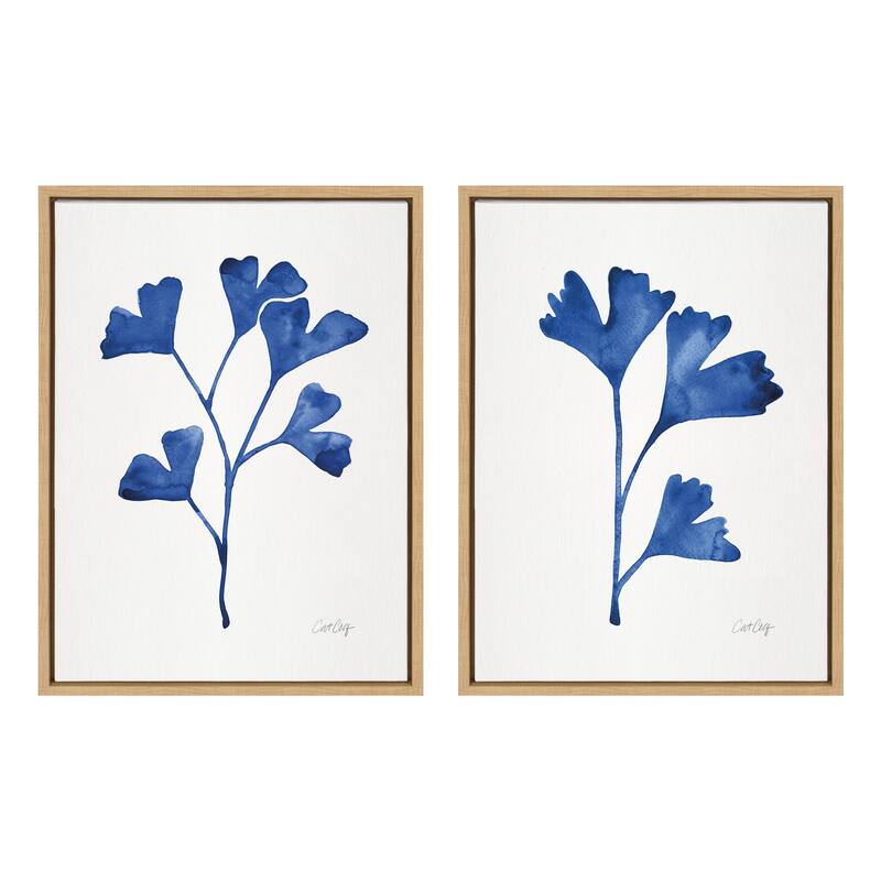 Kate and Laurel Sylvie Navy Ginkgo and Navy Ginkgo Trio Framed Canvas by Cat Coquillette - 2 Piece 18x24 - Plastic - Natural