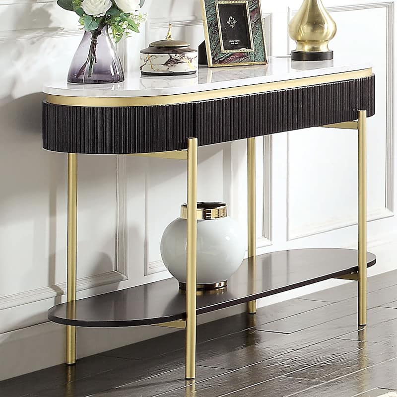 Glam Contemporary 1pc Sofa Table White Faux Marble Top Living Room Side Table Open Bottom Shelve - Black
