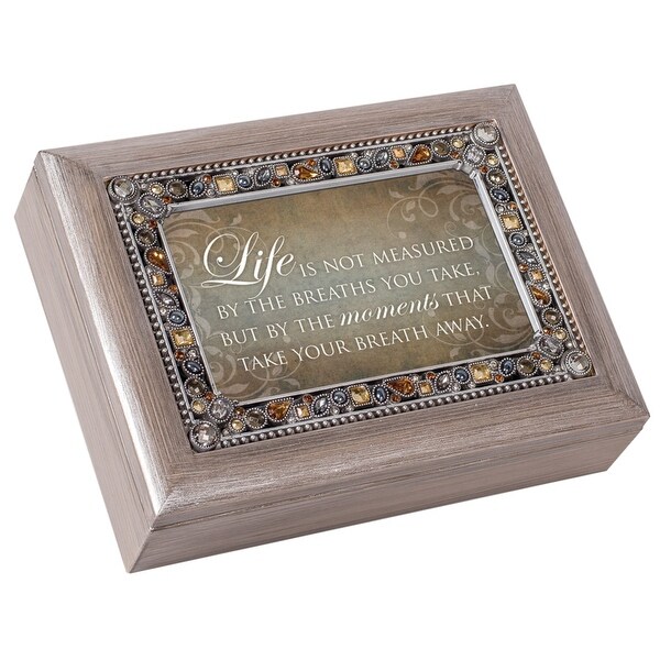 8" Brown Topaz Jewel Boarded Rectangular "Life" Printed Musical Box - N/A