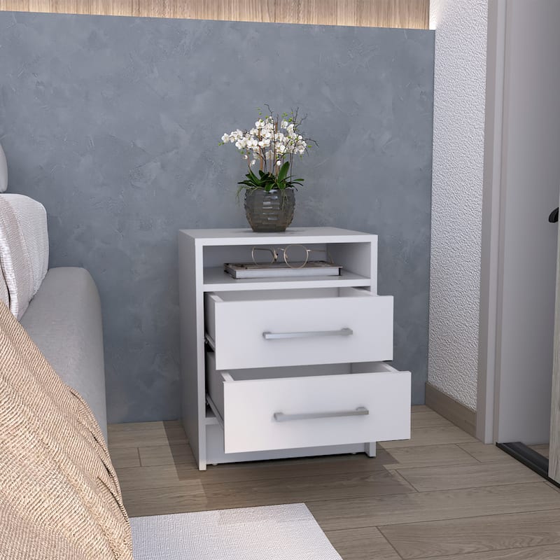 Elegant White Nightstand with 2 Drawers and Shelf, 23.6" Height, Contemporary Bedroom Furniture