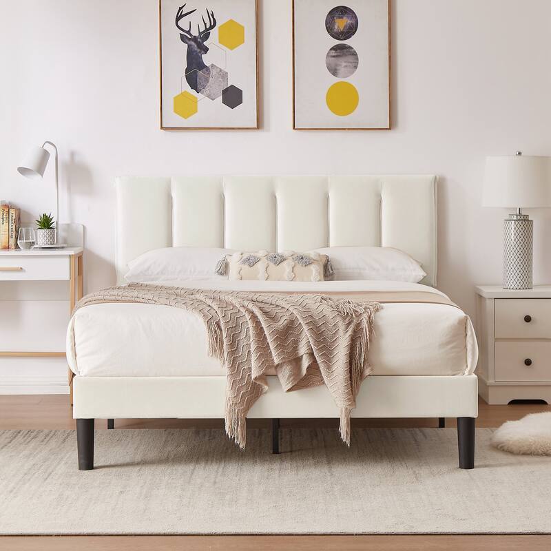 VECELO Beige Tufted Upholstered Platform Bed Frame with Adjustable Height Headboard-Twin/Full/Queen Size Beds - Beige - Queen