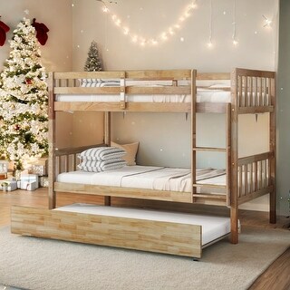 Twin Over Twin Rubber Wood Bunk Bed with Trundle, Convertible into 2 Twin Size Beds,with Ladder and Safety Guardrails