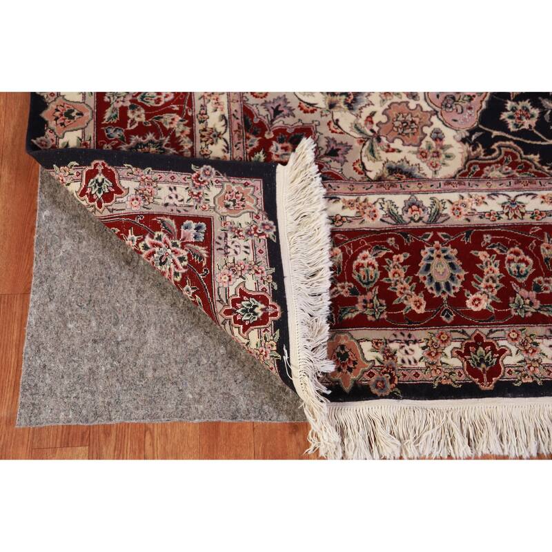 Hand Knotted Oriental Wool & Silk Carpet Traditional Floral Navy Blue & Blues Tabriz Area Rug - 9' 8'' X 7' 10''