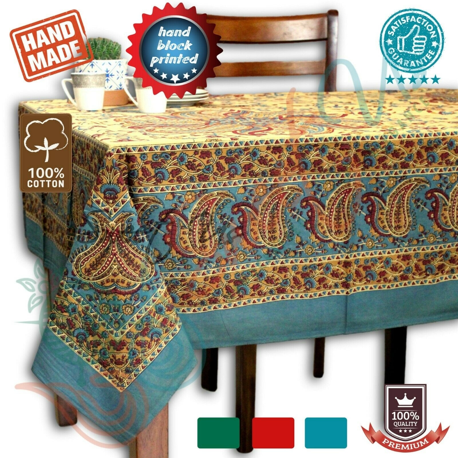 Cotton Block Print Paisley Floral Tablecloth Rectangle
