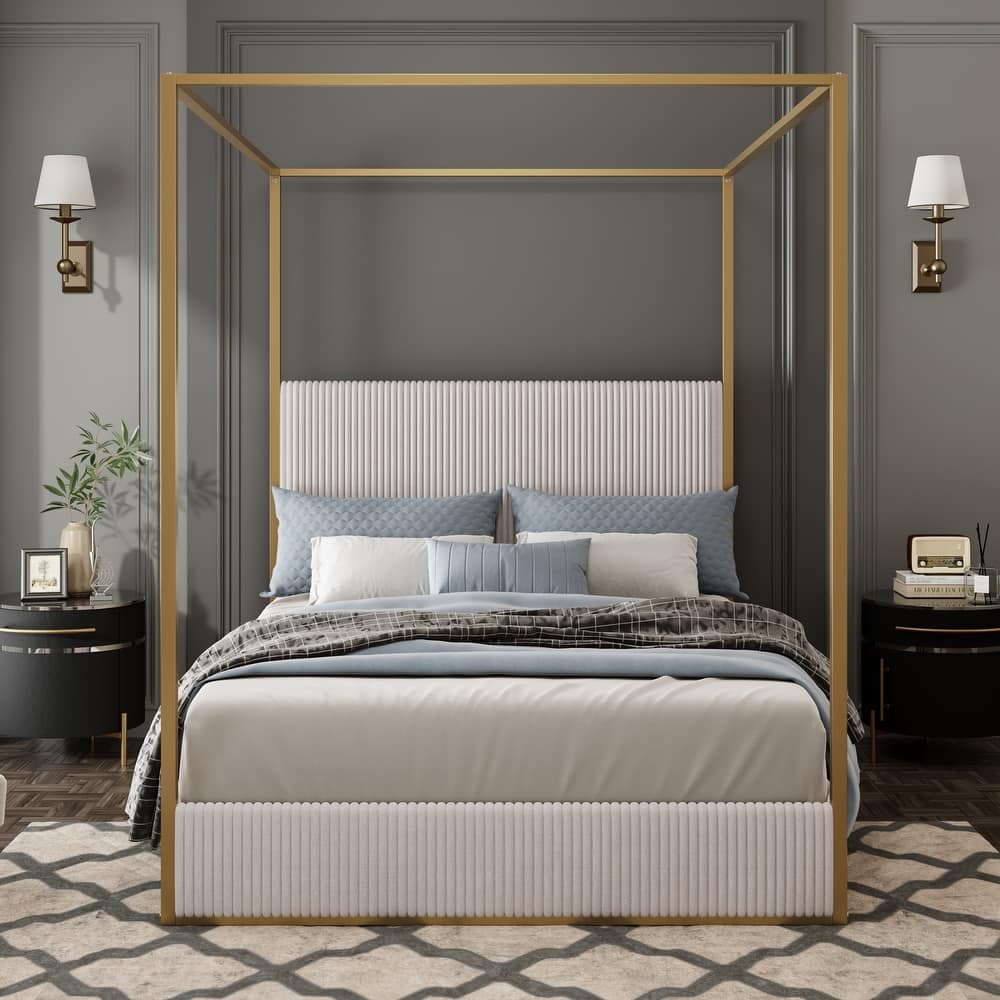 Modern Luxury Metal Canopy Bed with Tall Upholstered Headboard & Four Poster