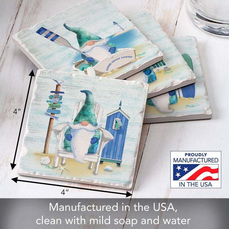 Coastal Gnomes 4 Pack Absorbent Stone Tumbled Tile Coasters with Protective Cork Backing 4" Square Manufactured in The USA