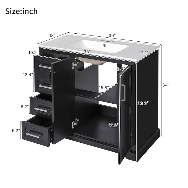 36" Modern Bathroom Vanity with Ceramic Sink, Soft-Close Door, Adjustable Shelf & 3 Drawers, Ample Storage