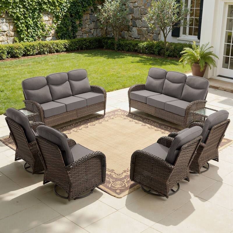 Luna 8-Piece Wicker Patio Conversation Set with Swivel Gliders and 6-Inch Thick Olefin Cushions - Gray Cushions - Brown Wicker