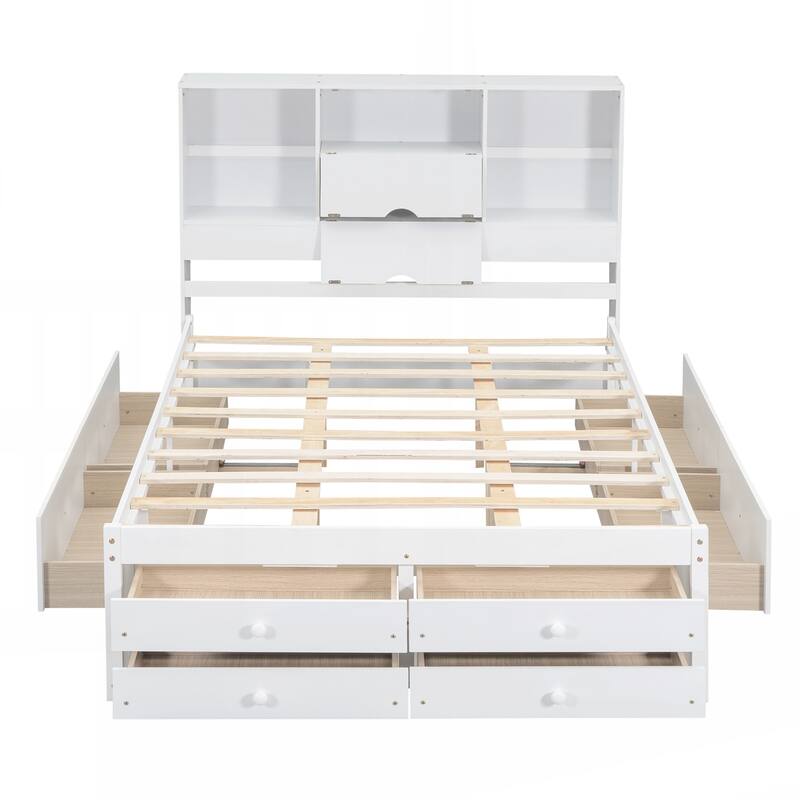 Queen Size Platform Bed with Storage Headboard and 8 Drawers