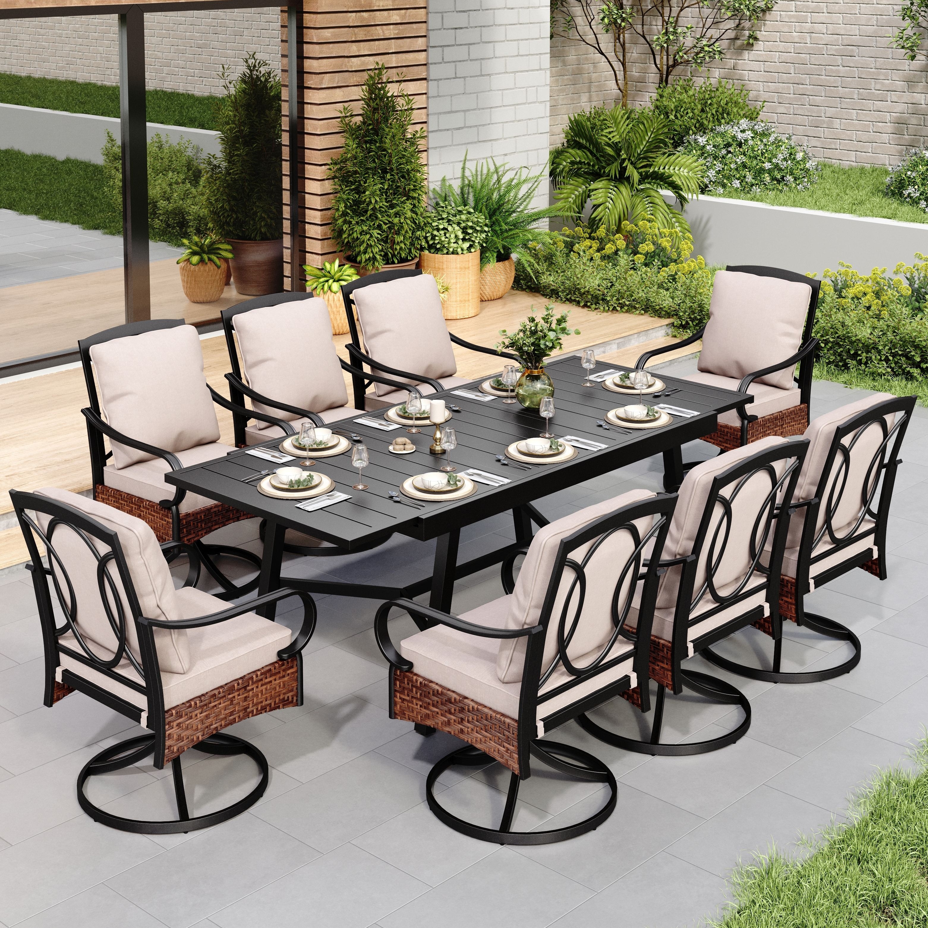 MAISON ARTS 9 Pieces Patio Dining Set with Rattan Swivel Chairs and Dining Table