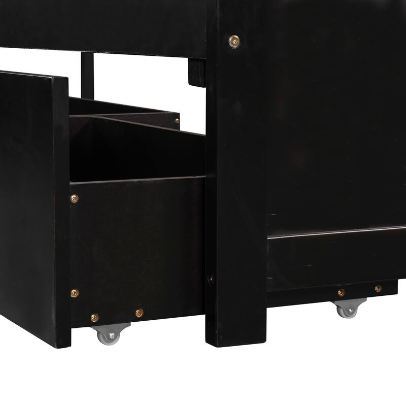 L-Shaped Twin Platform Beds with Trundle & Table, Versatile 3 Wood Corner Bedframe in 1