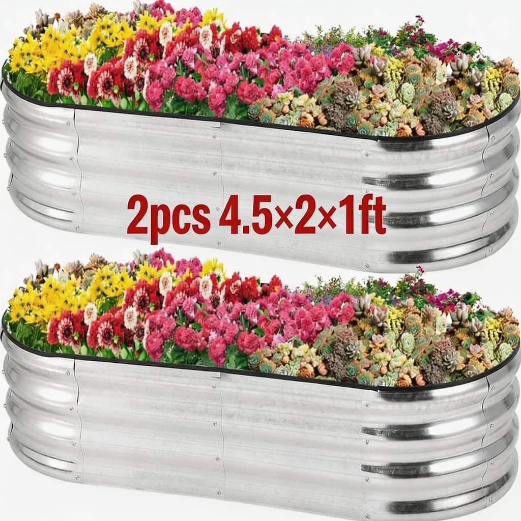 2-Pack 4.5 x 2 x 1FT Galvanized Raised Garden Bed Kit Oval Metal Planter Box with Safety Edges and Gardening Gloves Silver