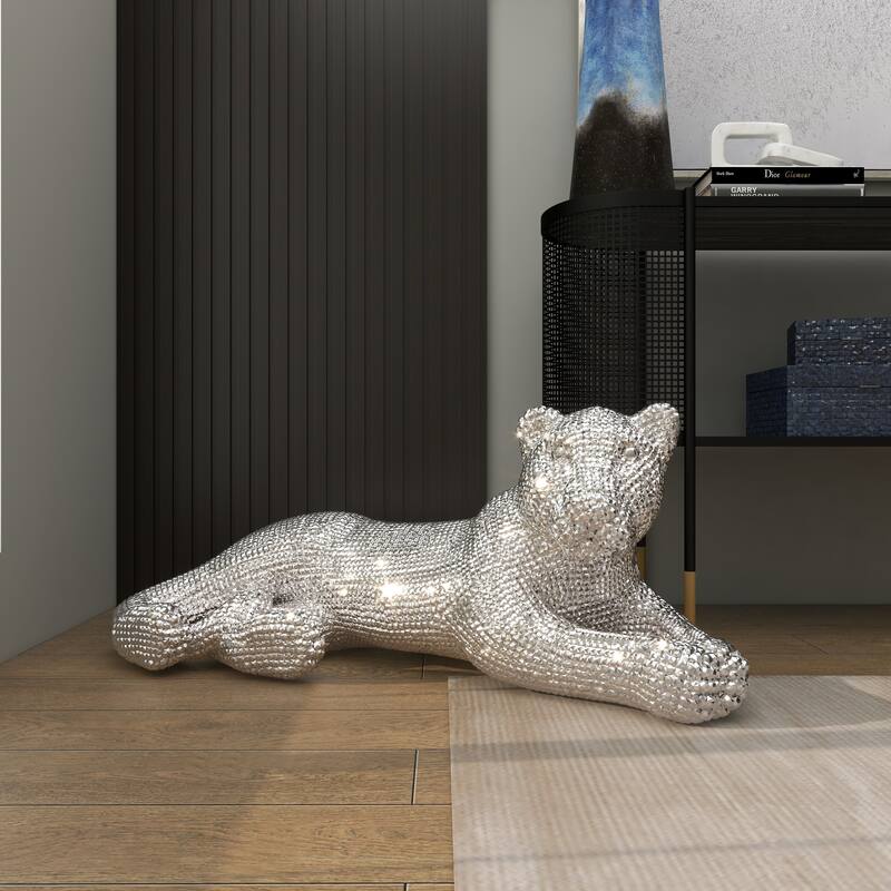 Polystone Floor Leopard Sculpture with Carved Faceted Diamond Exterior - Black or Silver