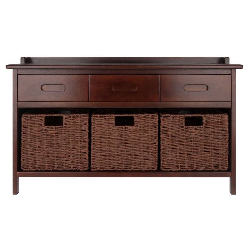 4 Pc Storage Bench With 3 Foldable Woven Baskets 38.25" Walnut Brown