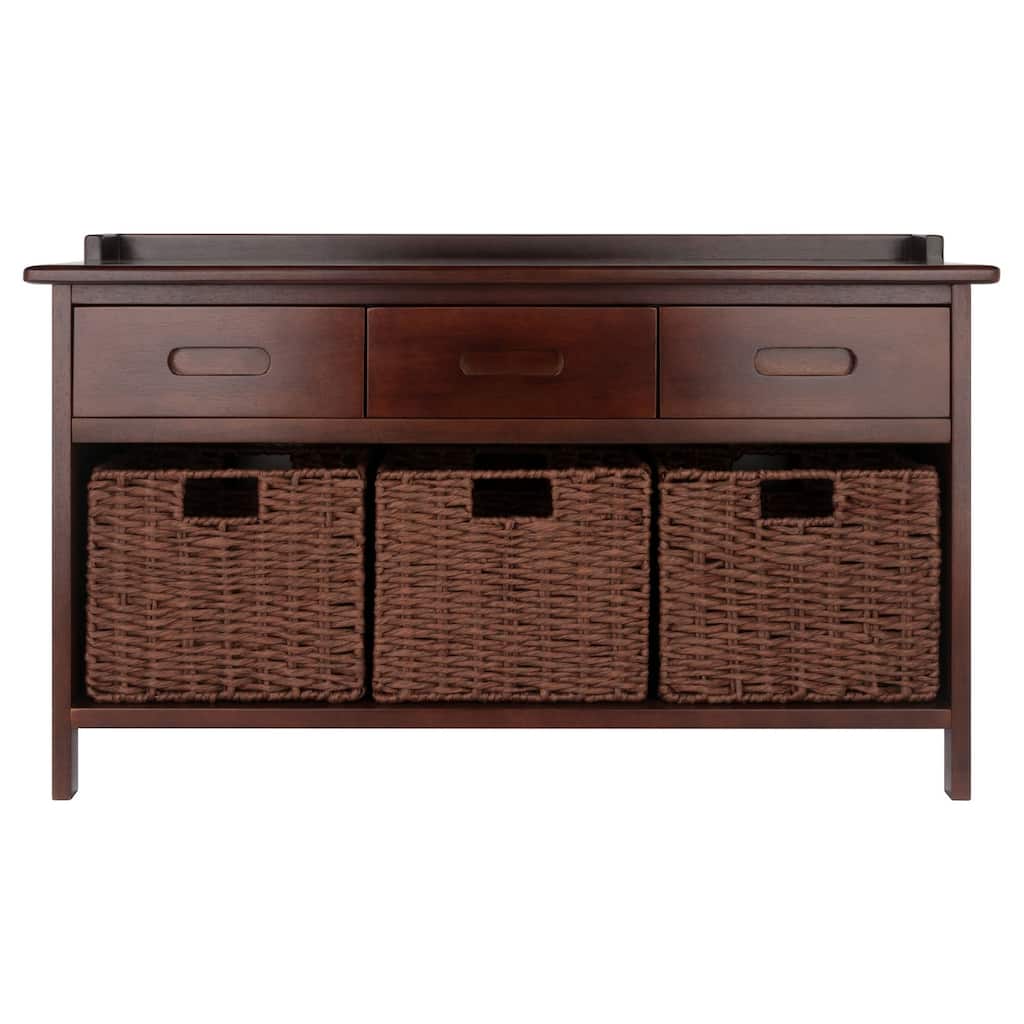 4 Pc Storage Bench With 3 Foldable Woven Baskets 38.25" Walnut Brown