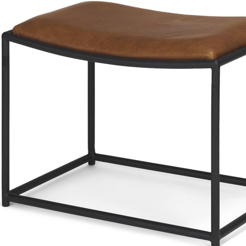 HomeRoots 23" Brown and Black Metal and Genuine Leather Footstool