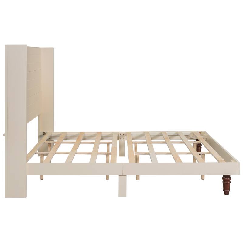 Simple Lines Platform Bed High Headboard Wingback Bed, Wood Slat Support Low Profile Platform Bed, Wingback Panel Bed
