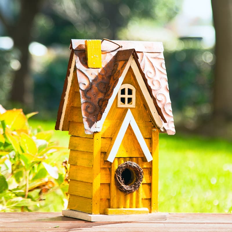 Glitzhome 12"H Retro Distressed Painted Solid Wood Cottage Birdhouse