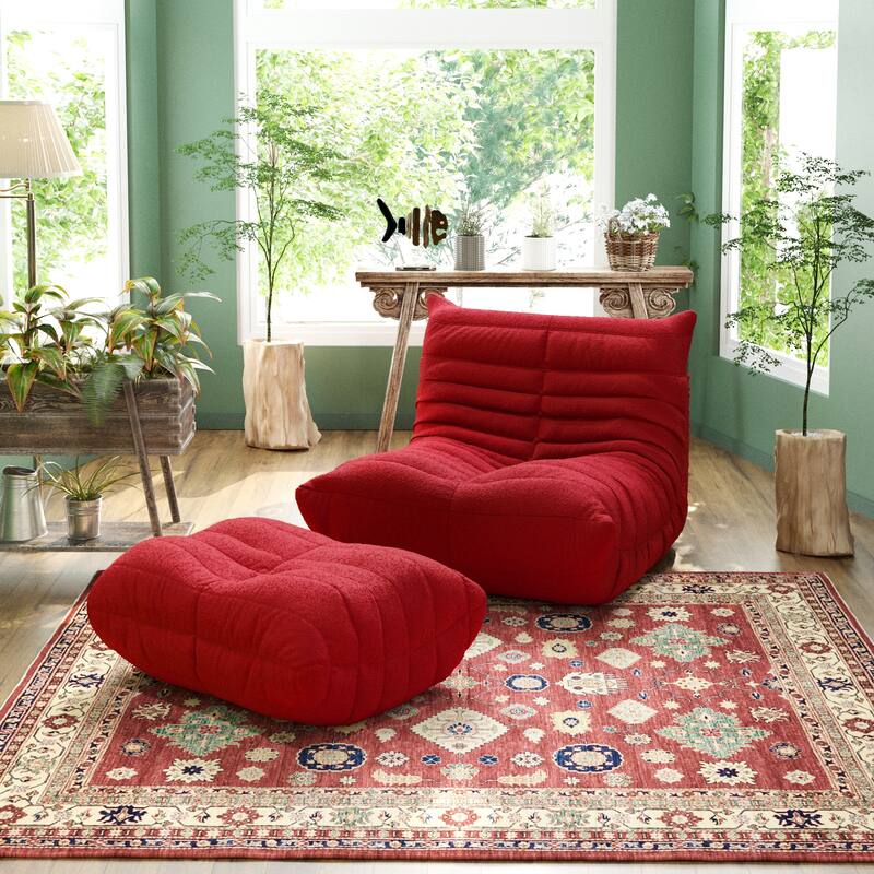 Lazy Floor Sofa Couches,Teddy Velvet Lounge Chair - Red