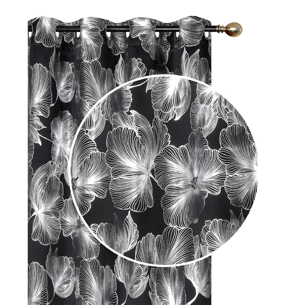 IH Casa Decor Foil Print Panel W 8 Grom Hibiscus Black 84" - Set of 2
