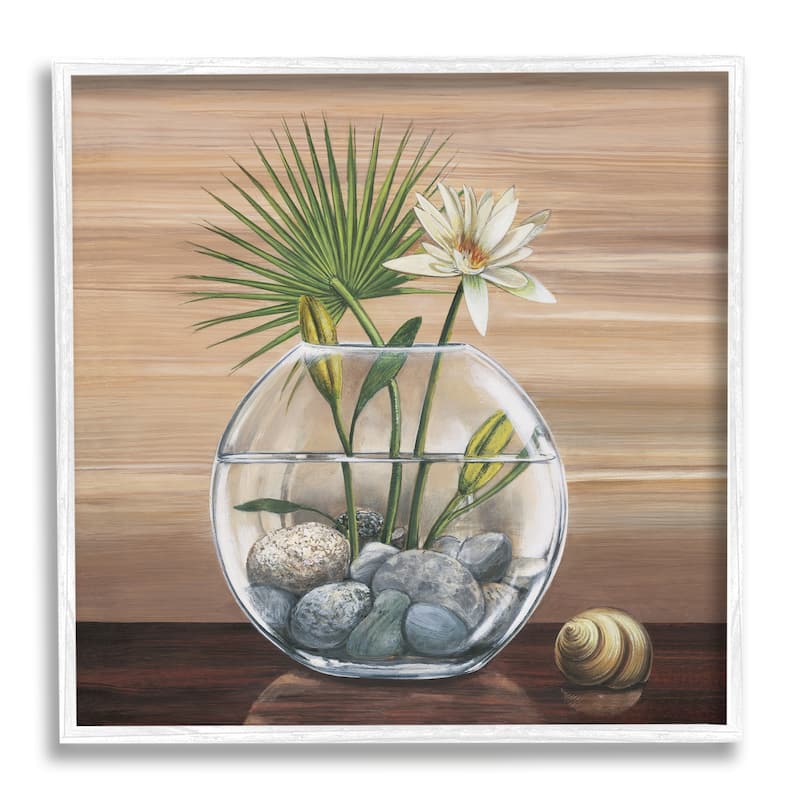 Stupell Lotus and Palm Plant in Rock Vase Still-Life Framed Wall Art - 17 x 17 - White