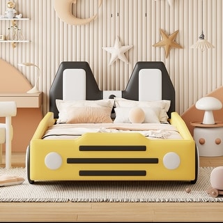 Wood Bed Frame, Race Car-Shaped Platform Bed with Wheels, Kids Floor Bed Guardrails on Both Sides