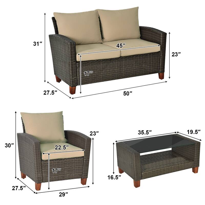 Costway 4PCS Patio Rattan Furniture Set Solid Wood Leg Cushioned Sofa - See Details
