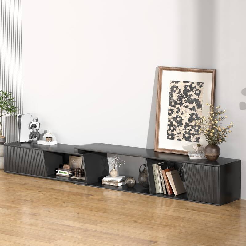 Gymojoy Extendable Adjustable Length 70.9"-106.2" TV Stand for 85-110 Inch Entertainment Center,Retractable Media Console Table. - Black. - 71"W.