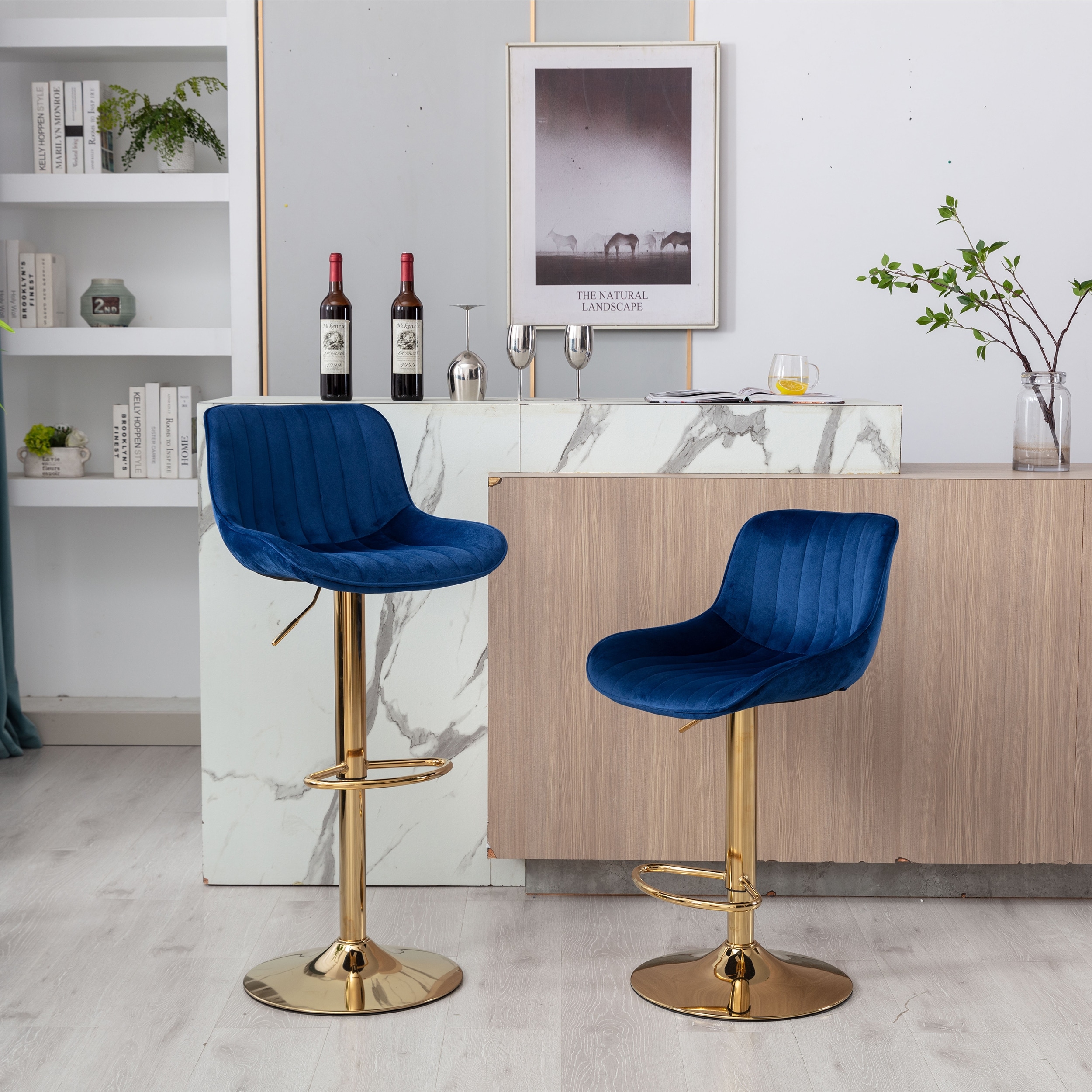 Velvet AdjustableSwivel Bar Stools with Footrest Set of 2 On