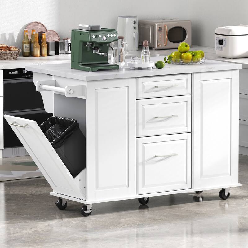 Kitchen Island with Storage Tilt Trash Can Cabinet and Pull Out Cabinet Organizer