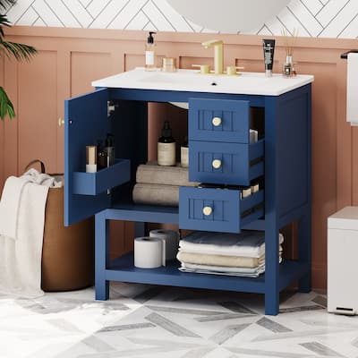 30" Transitional Bathroom Vanity Cabinet with Ceramic Sink, Soft-Close Doors, Multifunctional Storage, Blue Finish