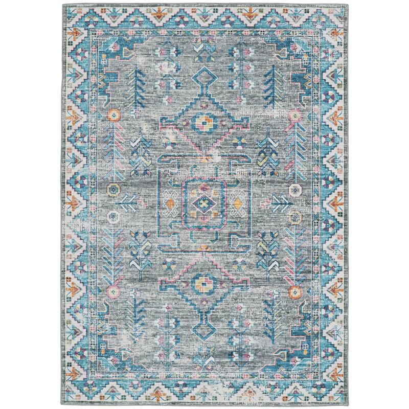 Barron Machine Washable Grey and Green Area Rug - 5' x 7'