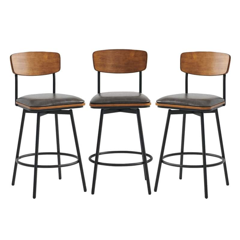 Spruce & Spring Claire Swivel Counter Height Bar Stool Set - Set of 3 - Dark Grey-Faux Leather - Counter Height