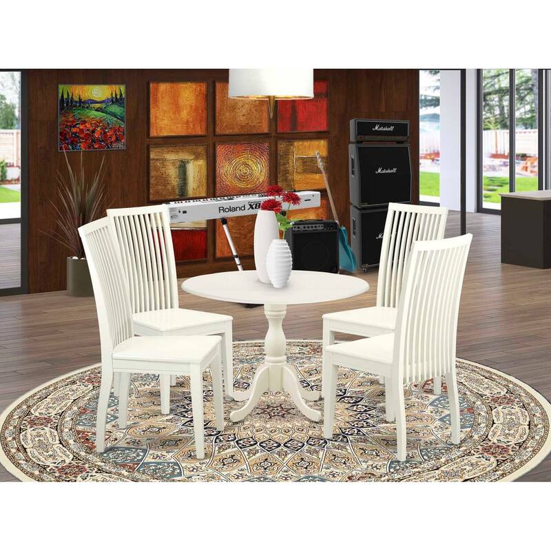 HomeStock 5-Piece Linen White Finish Solid Wood Top Dining table with 4 Chairs with Drop Leaf Slat Back