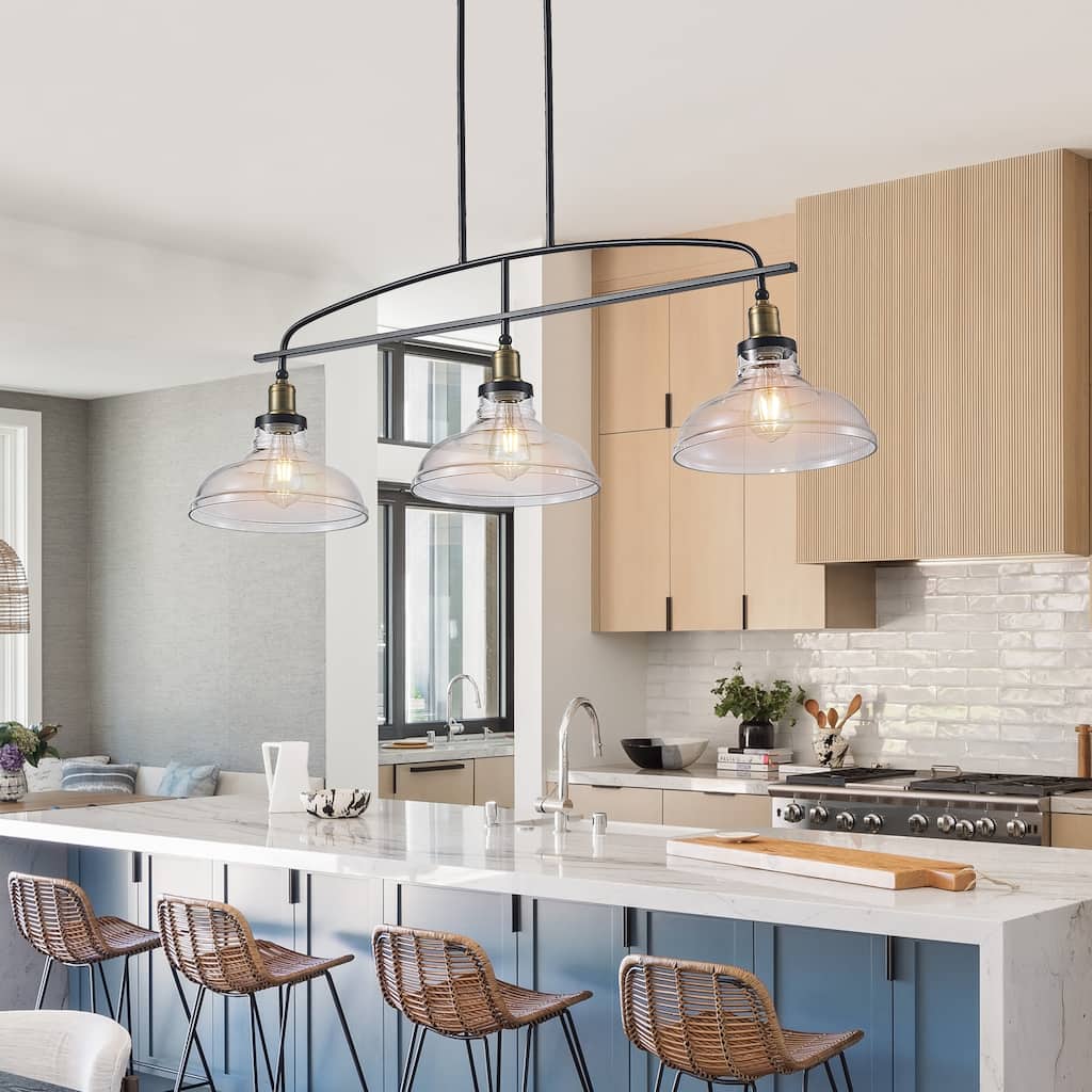 Industrial-Style 3-Light Pendant Light with Transparent Glass Shade, for Kitchen Islands, Dining Rooms and Living Rooms
