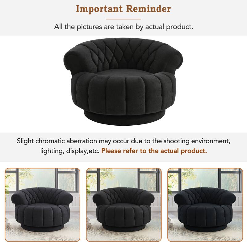 Roomfitters 46 Inch Oversized Round Barrel Swivel Accent Chair with Channel Tufting, Chenille