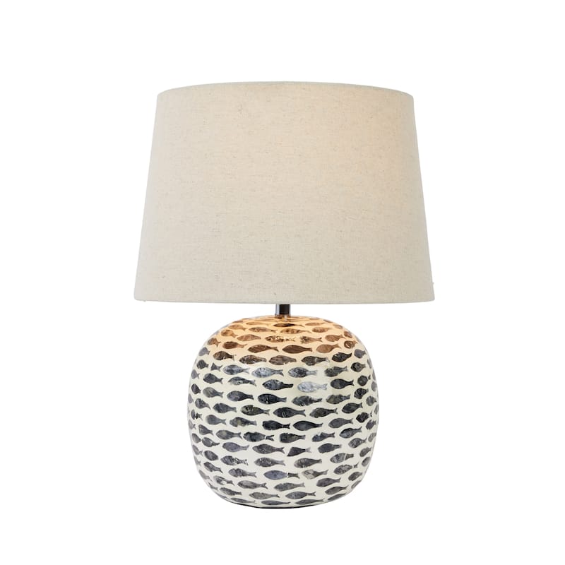 Coastal Capiz and Bamboo Table Lamp with Fish Design - 14.2"L x 14.2"W x 21.3"H