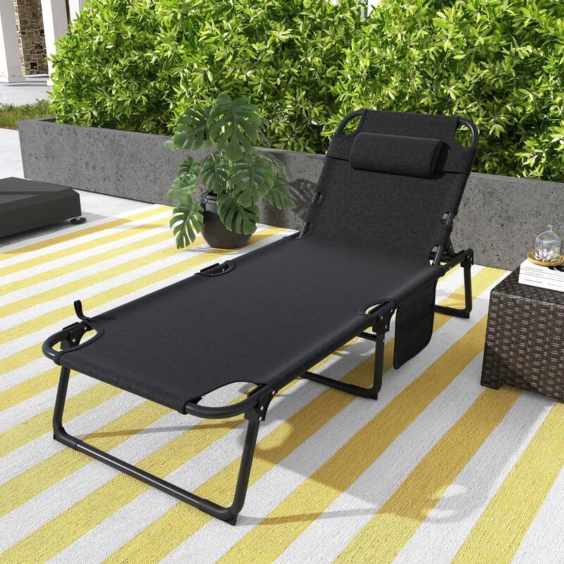 Folding Chaise Lounge Chair, 4 Position Recliner, Pocket, Pillow