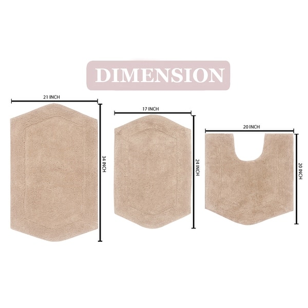 dimension image slide 4 of 19, Waterford Collection 100% Cotton Non-Slip Bathroom Rug Set, 3 Piece Machine Washable- Bathroom Rug, Bath Rug, U Shaped Contour