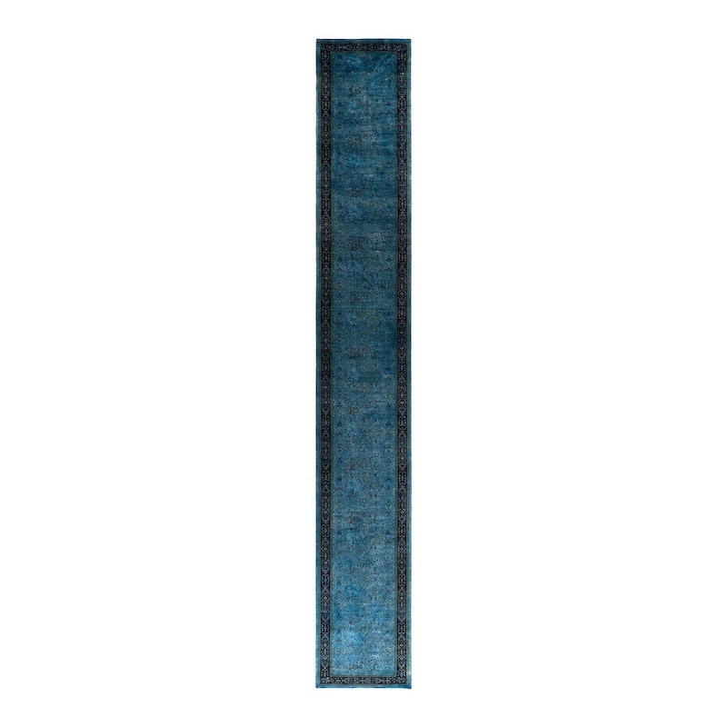 Overton Hand Knotted Wool Vintage Inspired Modern Contemporary Overdyed Blue Runner Rug - 2' 7" x 19' 8"