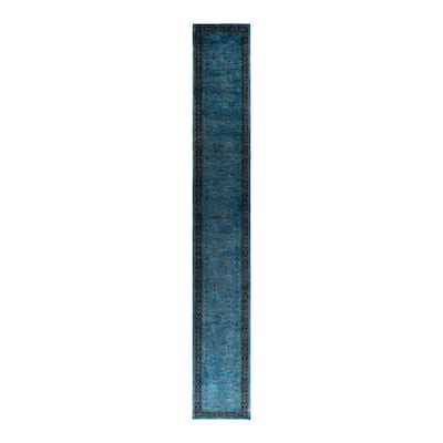 Overton Hand Knotted Wool Vintage Inspired Modern Contemporary Overdyed Blue Runner Rug - 2' 7" x 19' 8"