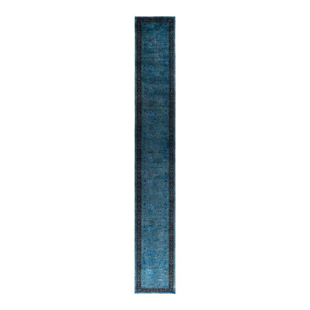 Overton Hand Knotted Wool Vintage Inspired Modern Contemporary Overdyed Blue Runner Rug - 2' 7" x 19' 8"
