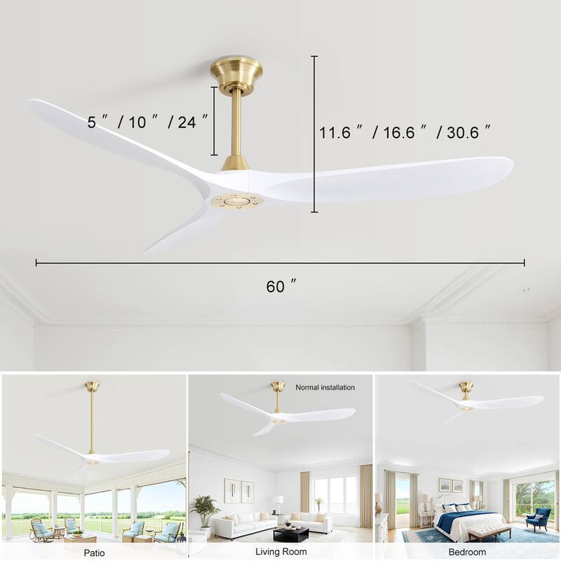 Indoor & Outdoor 60" Reversible DC Motor Ceiling Fan for Bedroom Living Room, 6 Speed, No Light