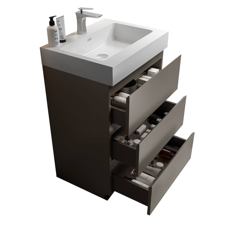 GDFStudio - Alice Walnut Freestanding Bathroom Vanity with One-Piece Matte Black Sink, Modern Handle-Free Design, Pre-Assembled