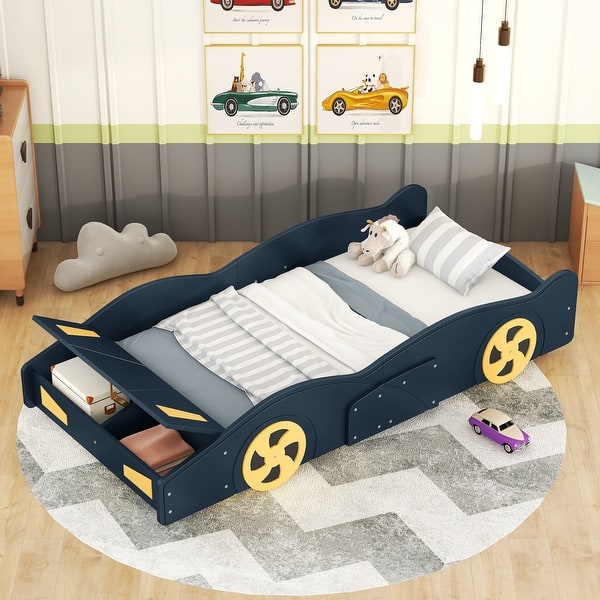 slide 2 of 3, Dark Blue Twin Race Car Bed with Wheels & Storage Dark Blue