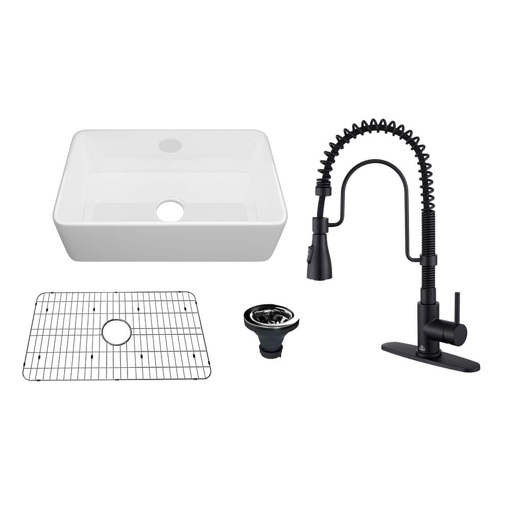 Premium Fireclay Farmhouse/Apron-Front Single Bowl Kitchen Sink with 3-Function Pull-Down Kitchen Faucet Combo
